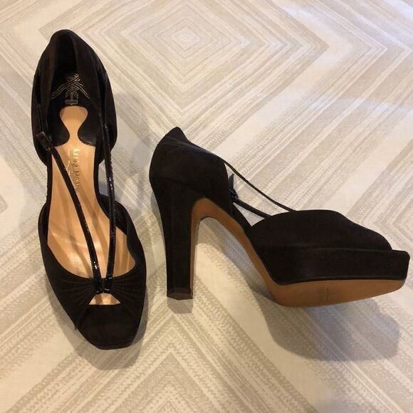 Michel Perry Brown Suede/Leather Peep Toe Platform - Picture 1 of 7